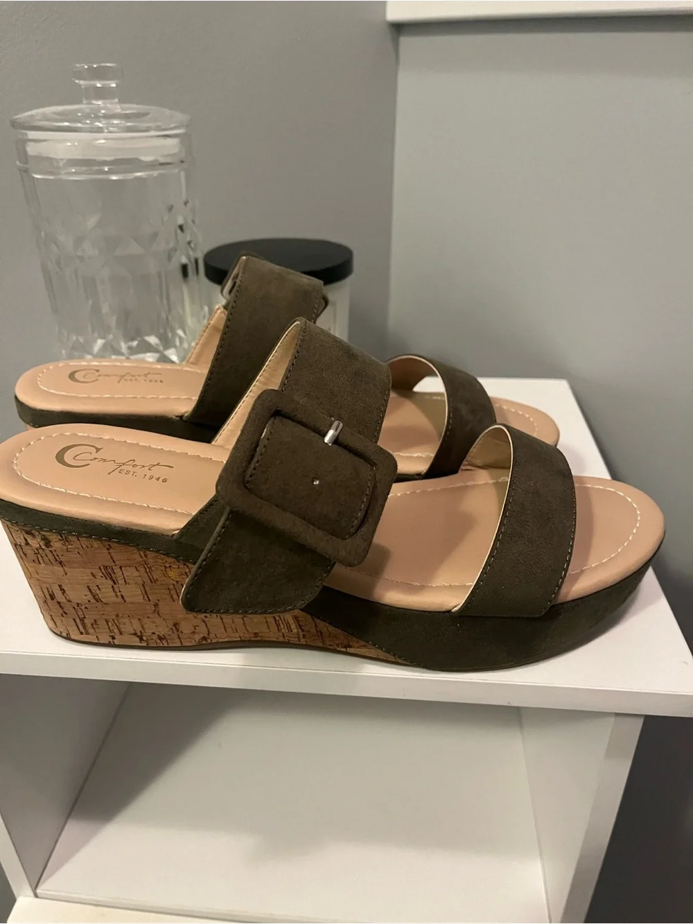 Comfortiva Olive Suede Cork Wedge Slide Sandals
